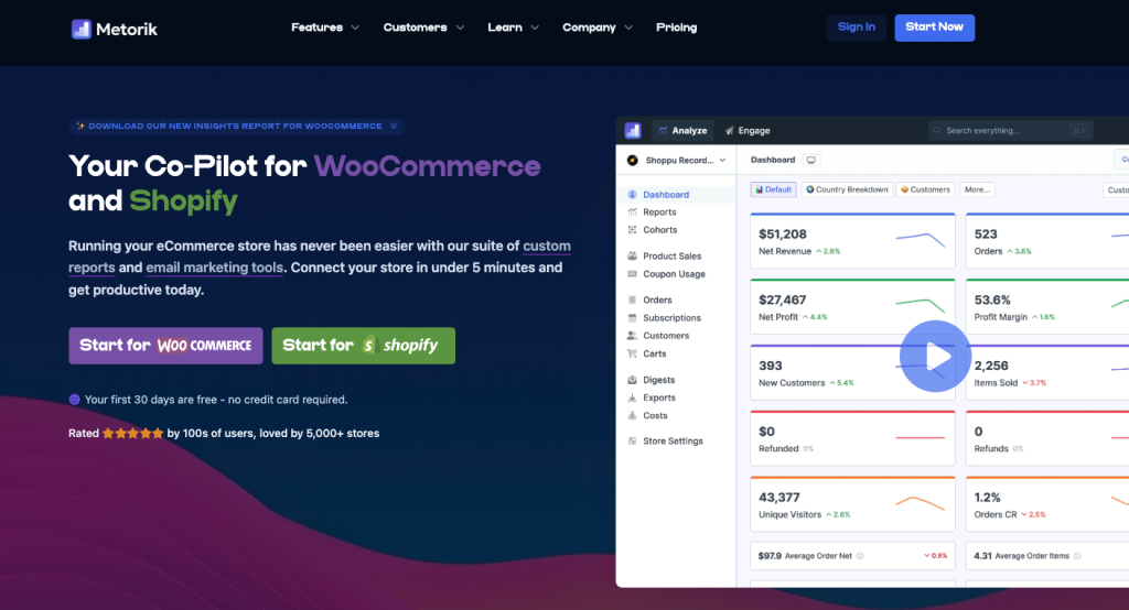 Homepage of Metorik, a co-pilot tool for WooCommerce and Shopify eCommerce stores